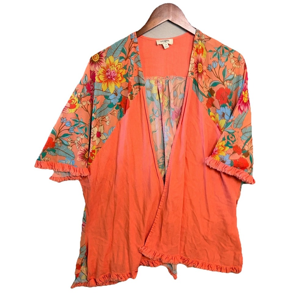Umgee Linen Kimono S/M Coral Pink Fringe Hem Floral 3/4 Sleeve Boho Cardigan